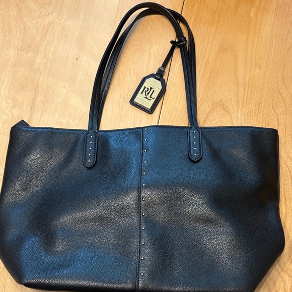Ralph Lauren Black Leather with Gold Hardware Tote Bag - Picture 1 of 15